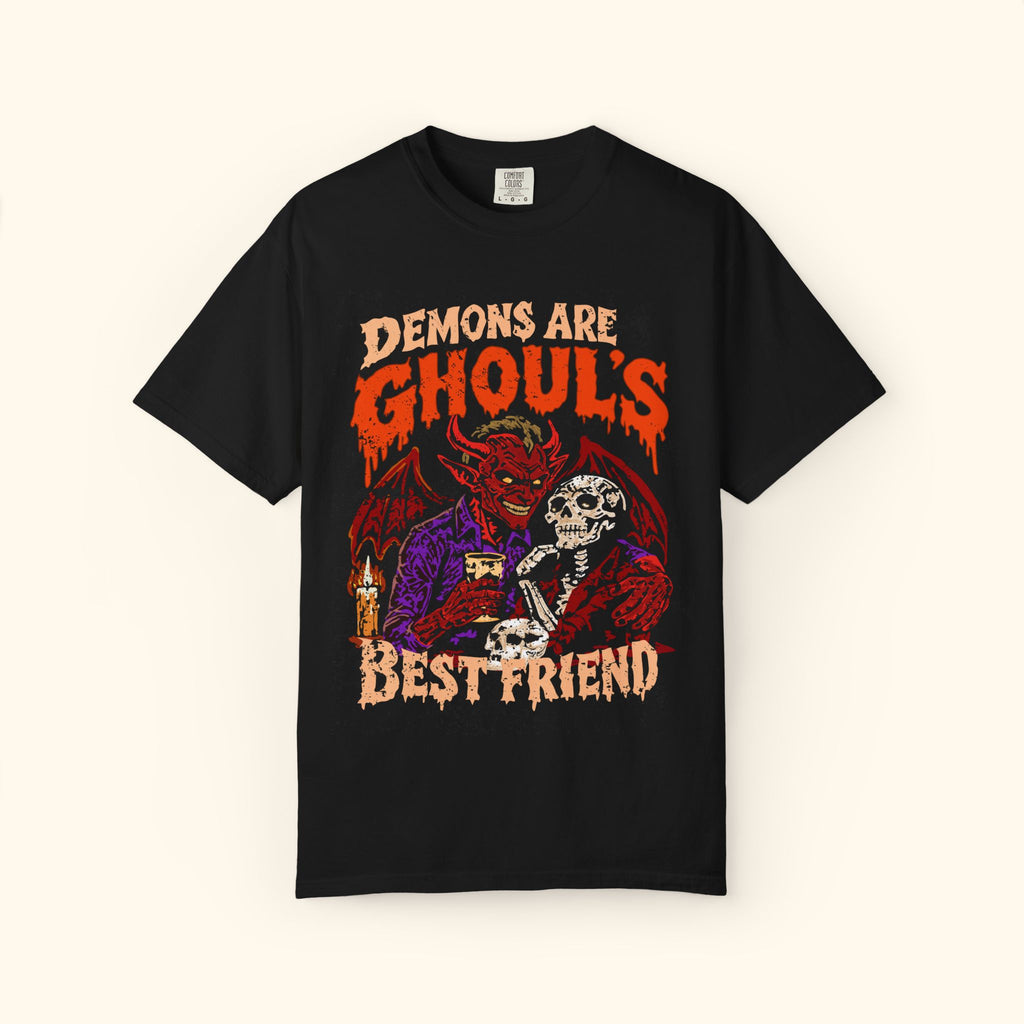 Demons Are Ghouls Best Friend Graphic T-Shirt — Retro Horror Skeleton & Demon Tee